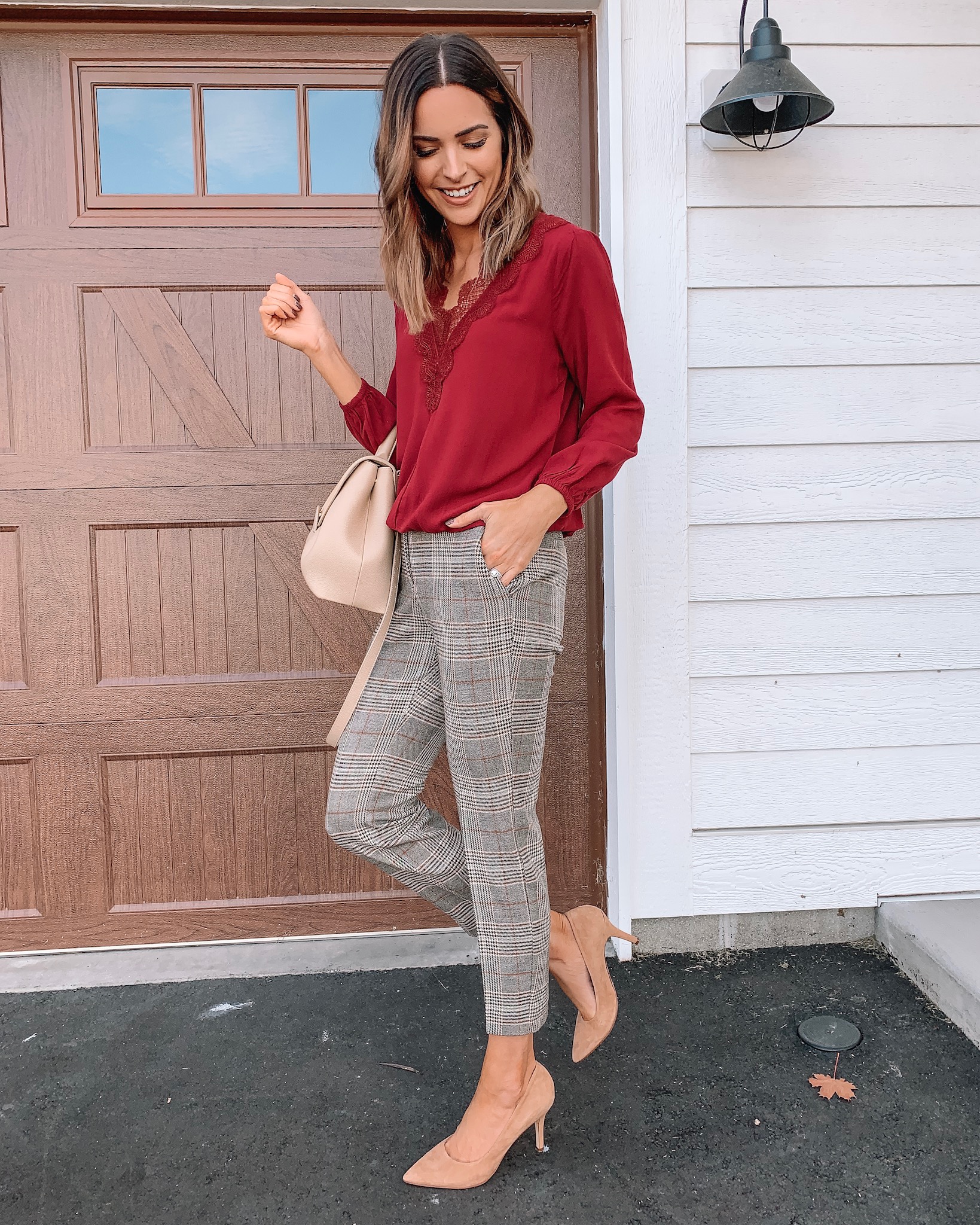 how to style plaid pants, workwear outfit fall, express, polene Paris bag