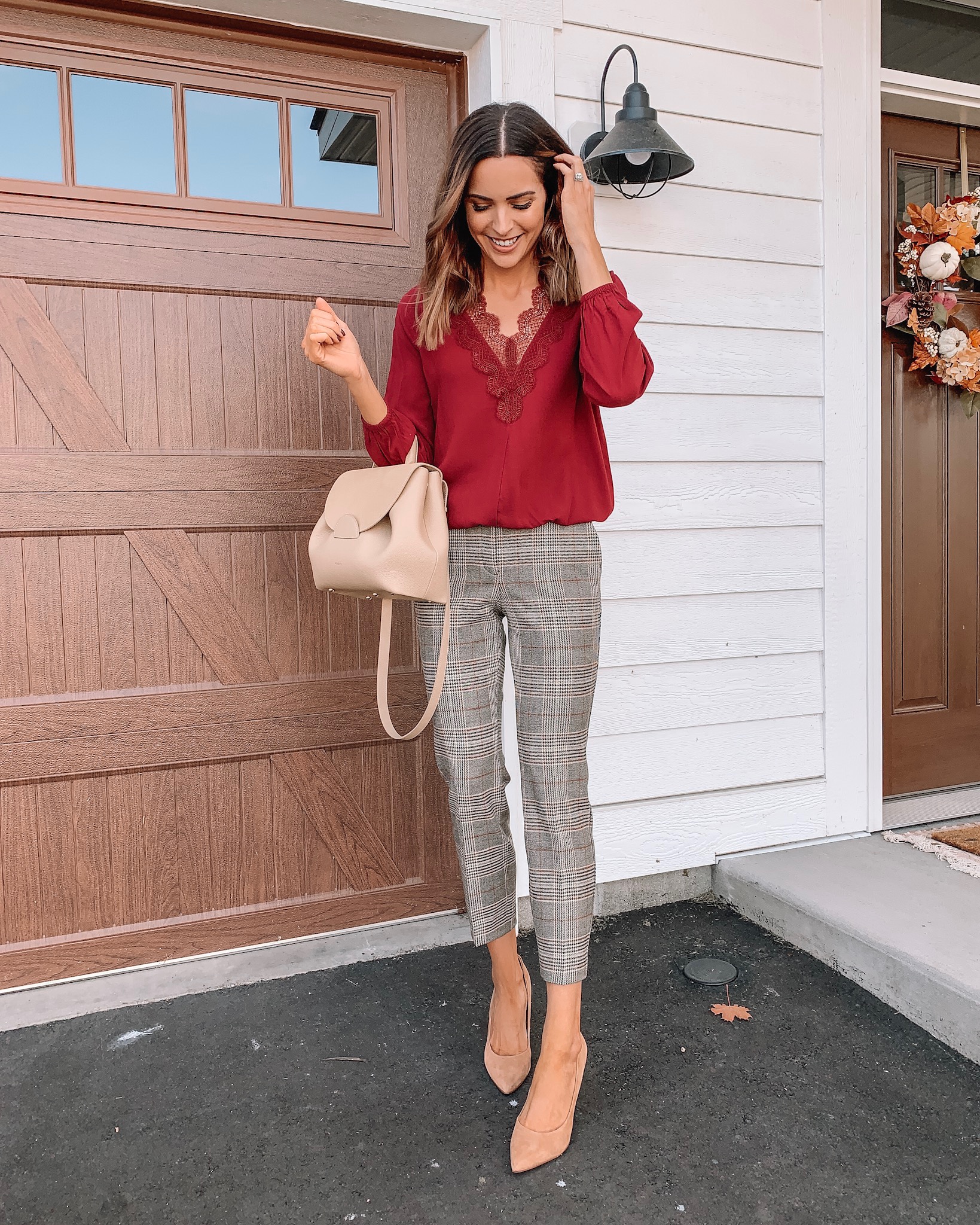 how to style plaid pants, workwear outfit fall, express, polene Paris bag