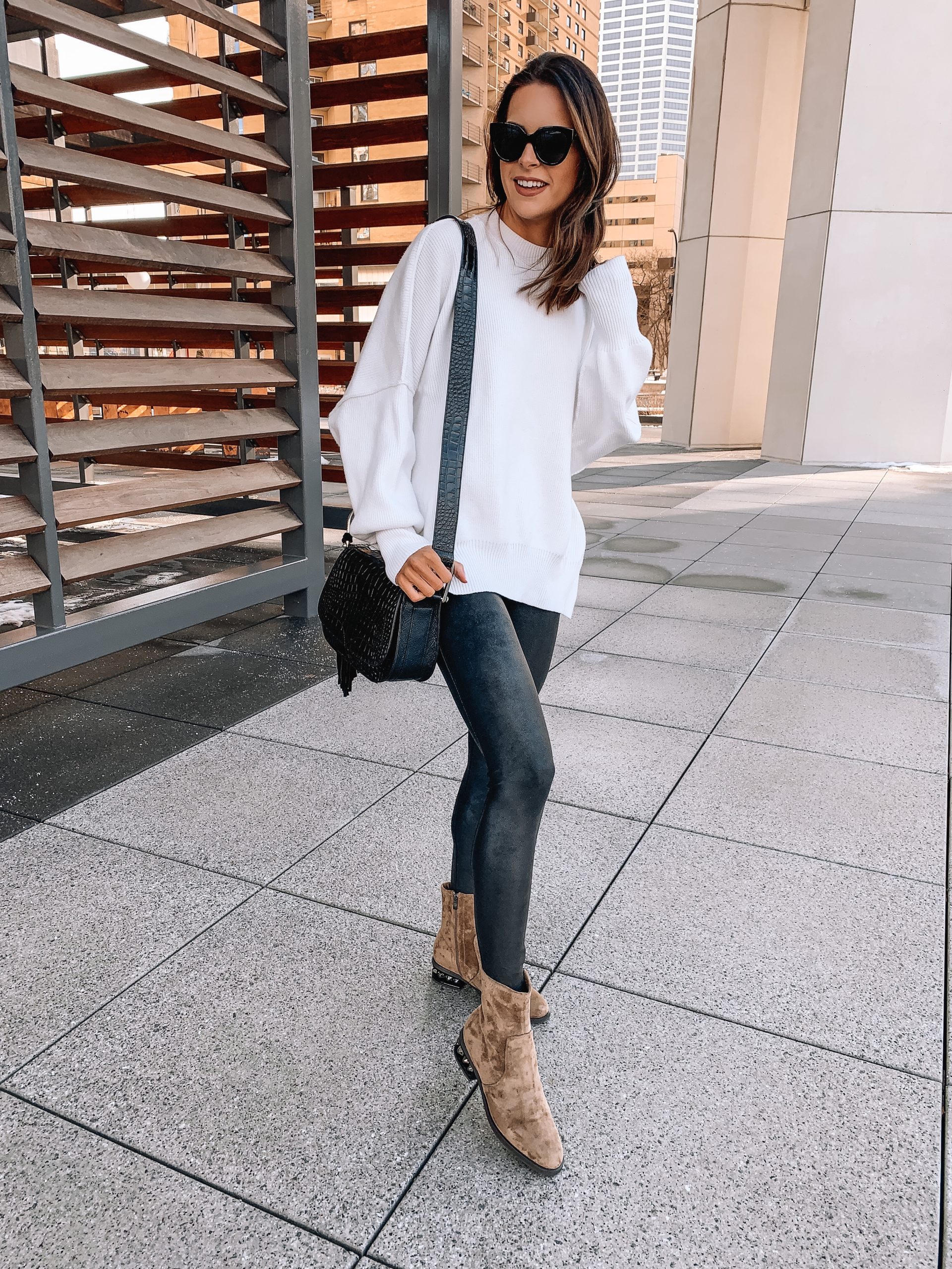 Vince Camuto stylish booties, winter outfit, kelcha boot, croc tal flap bag