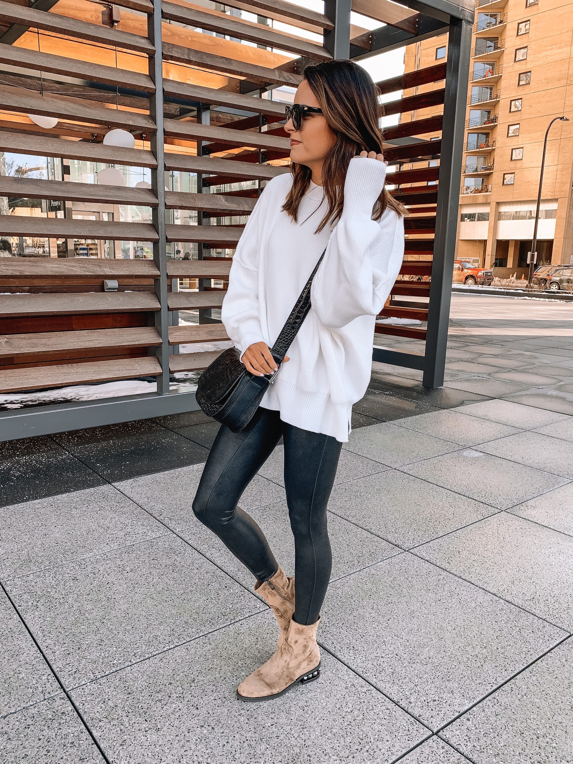 Vince Camuto stylish booties, winter outfit, kelcha boot, croc tal flap bag