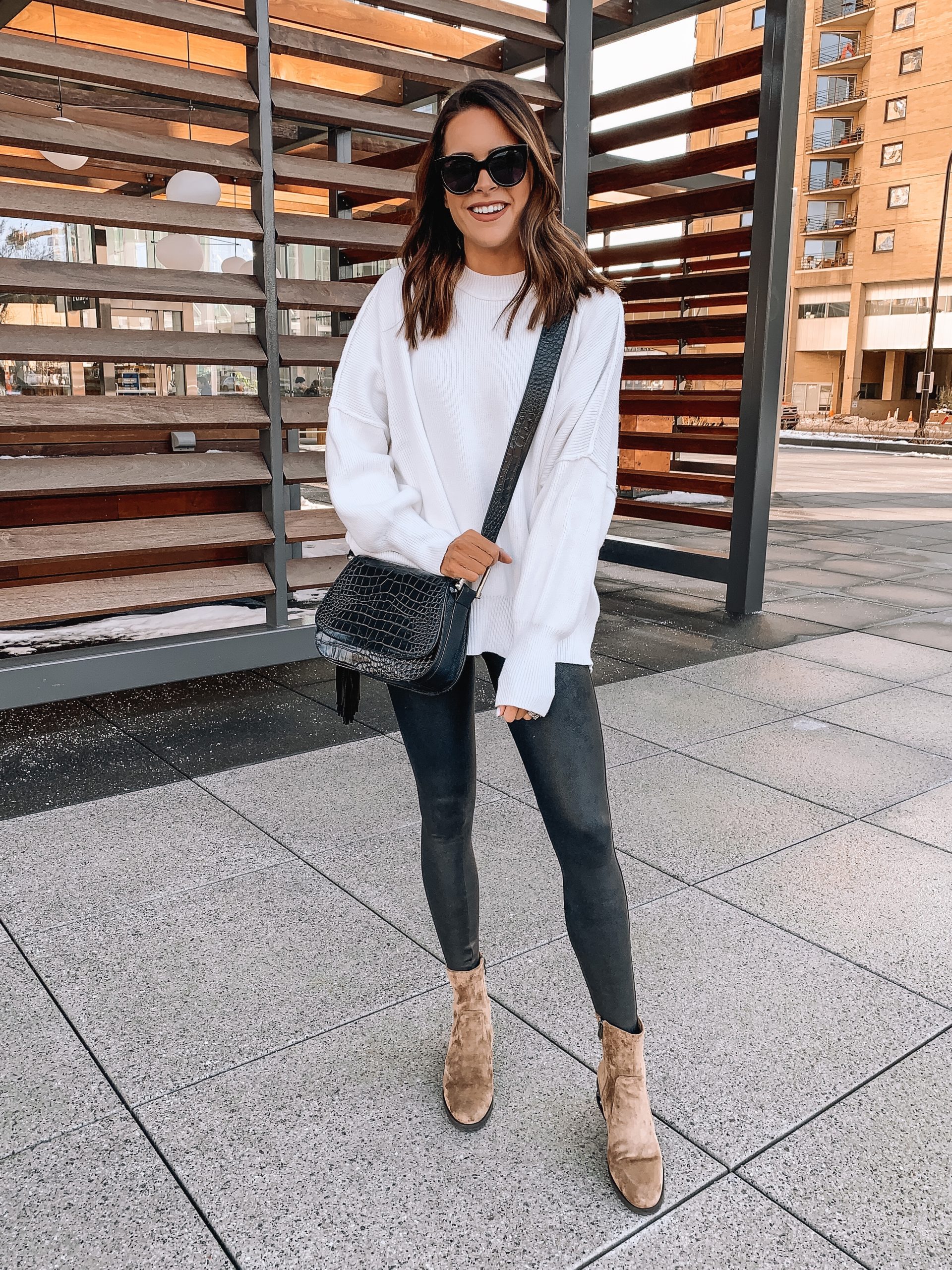Vince Camuto stylish booties, winter outfit, kelcha boot, croc tal flap bag