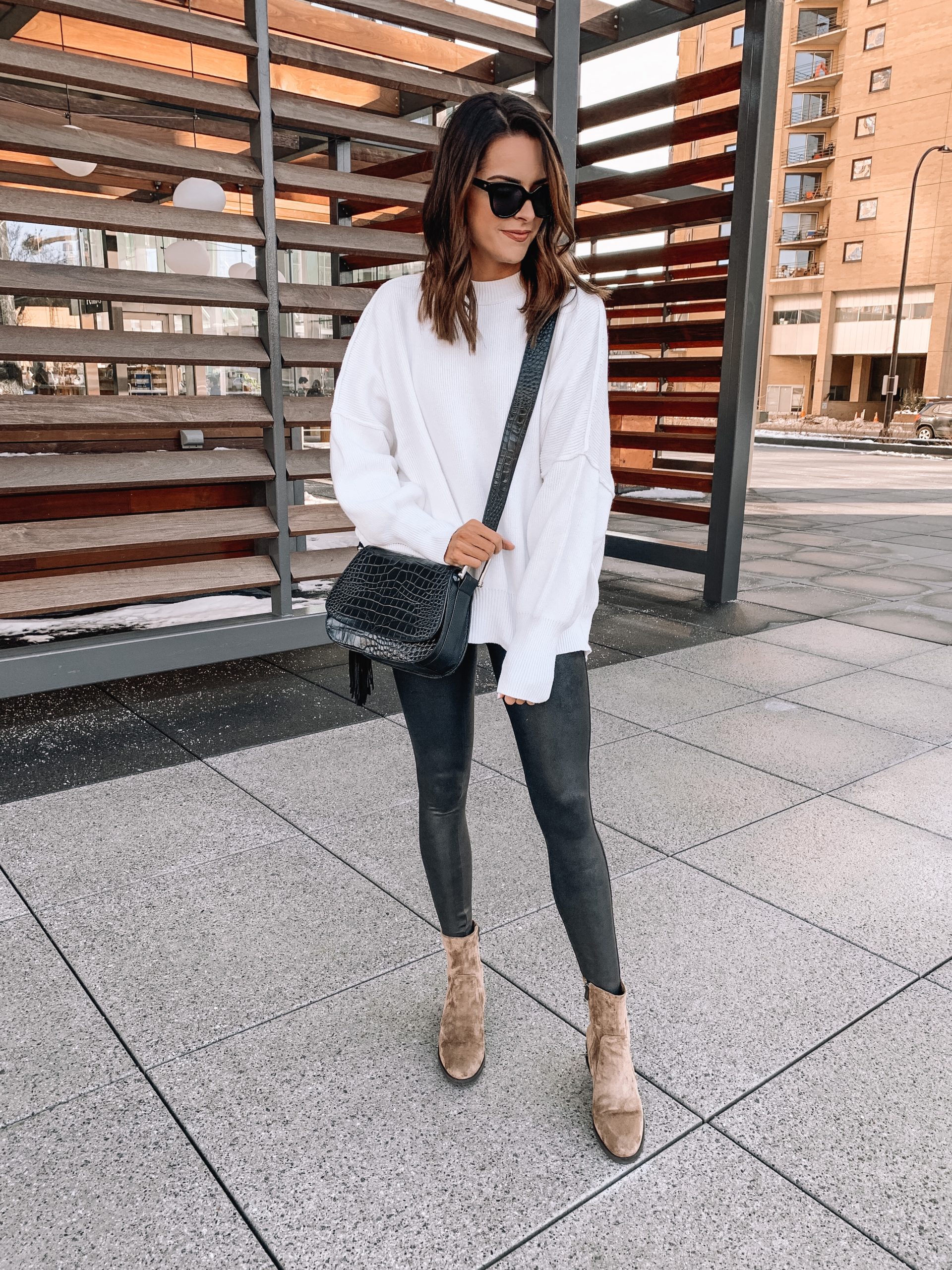 Vince Camuto stylish booties, winter outfit, kelcha boot, croc tal flap bag