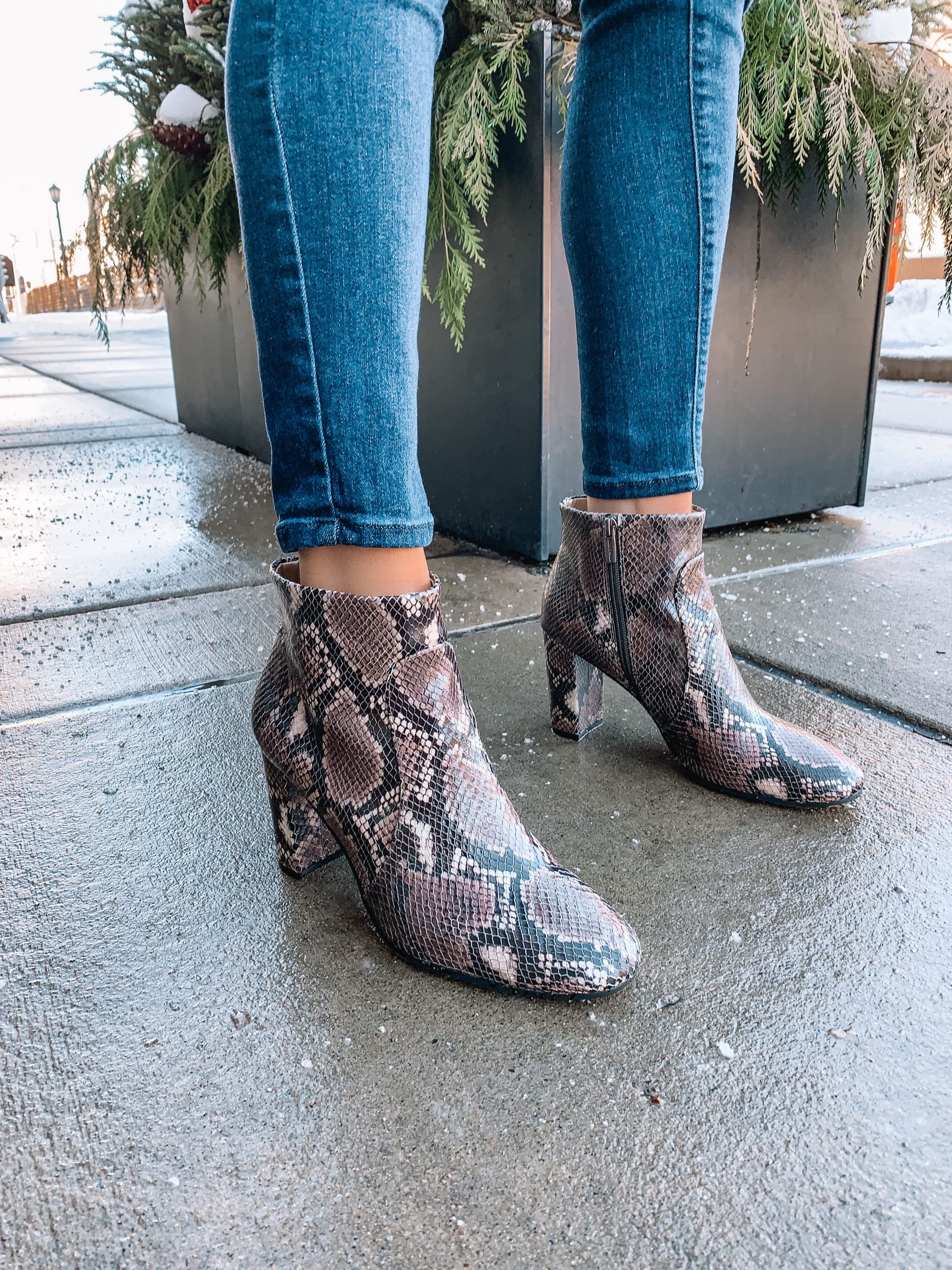 Vince Camuto stylish booties, winter outfit, sanstan snakeskin boots,