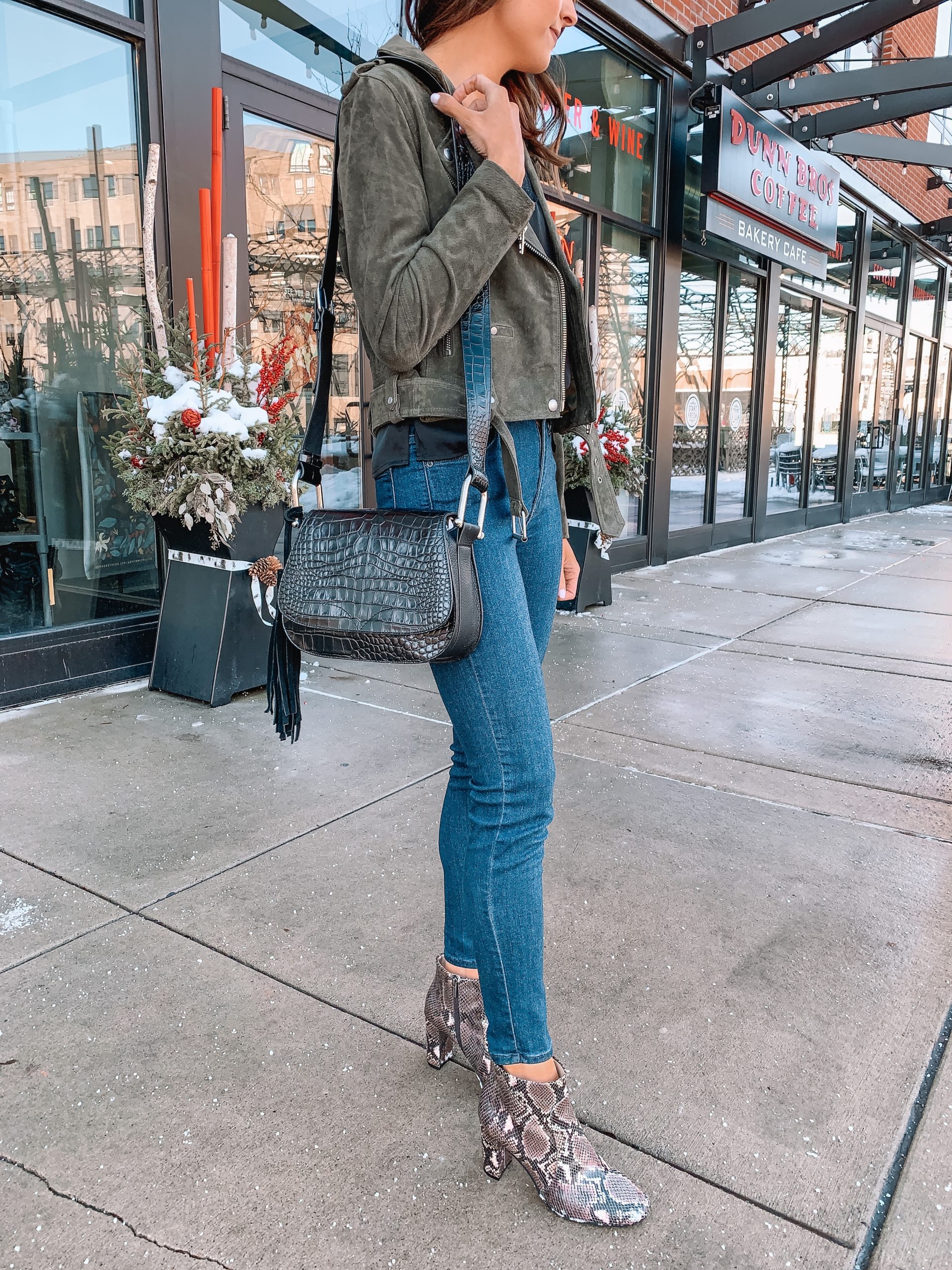 Vince Camuto stylish booties, winter outfit, sanstan snakeskin boots, croc tal flap bag