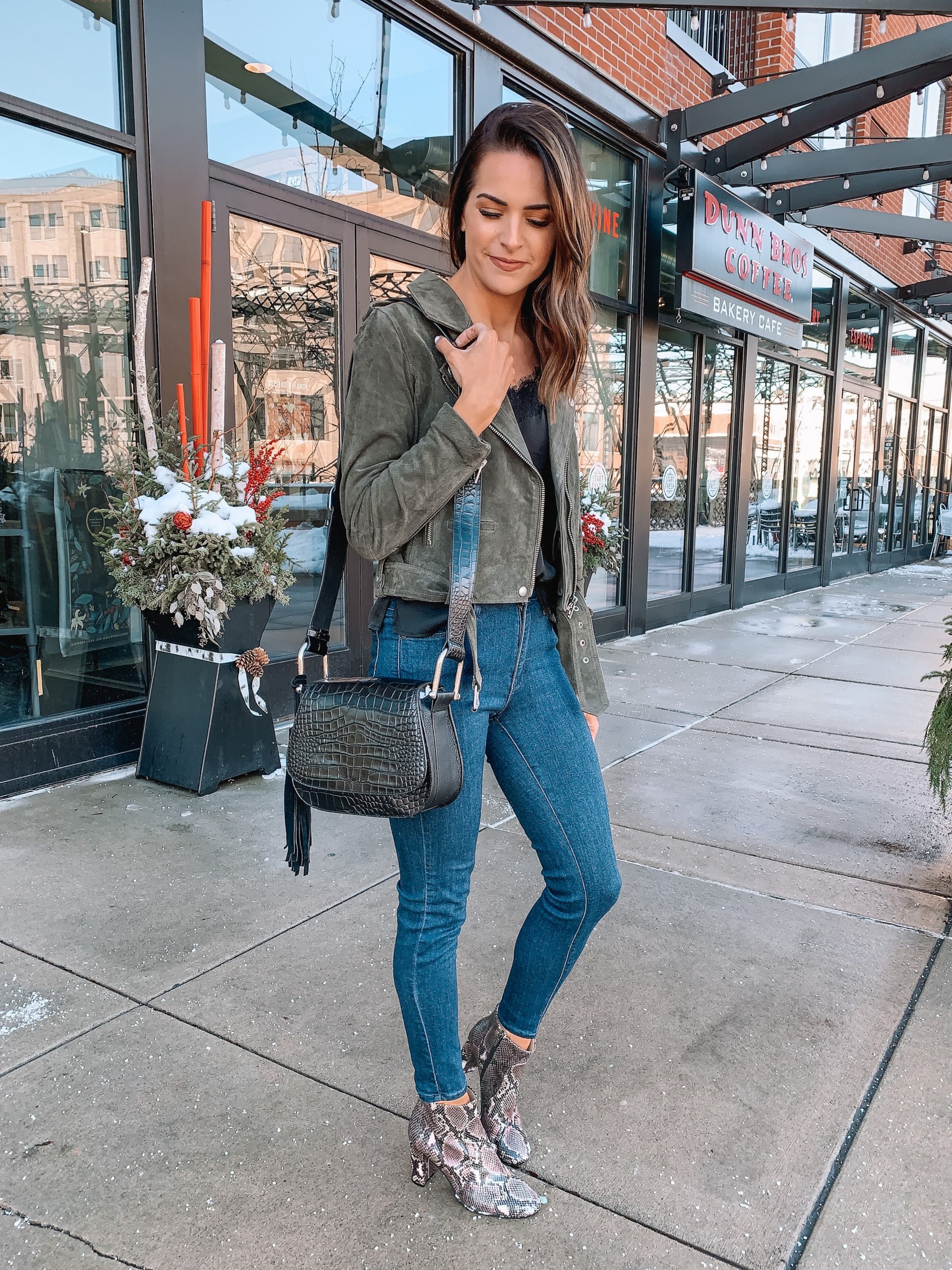 Vince Camuto stylish booties, winter outfit, sanstan snakeskin boots, croc tal flap bag