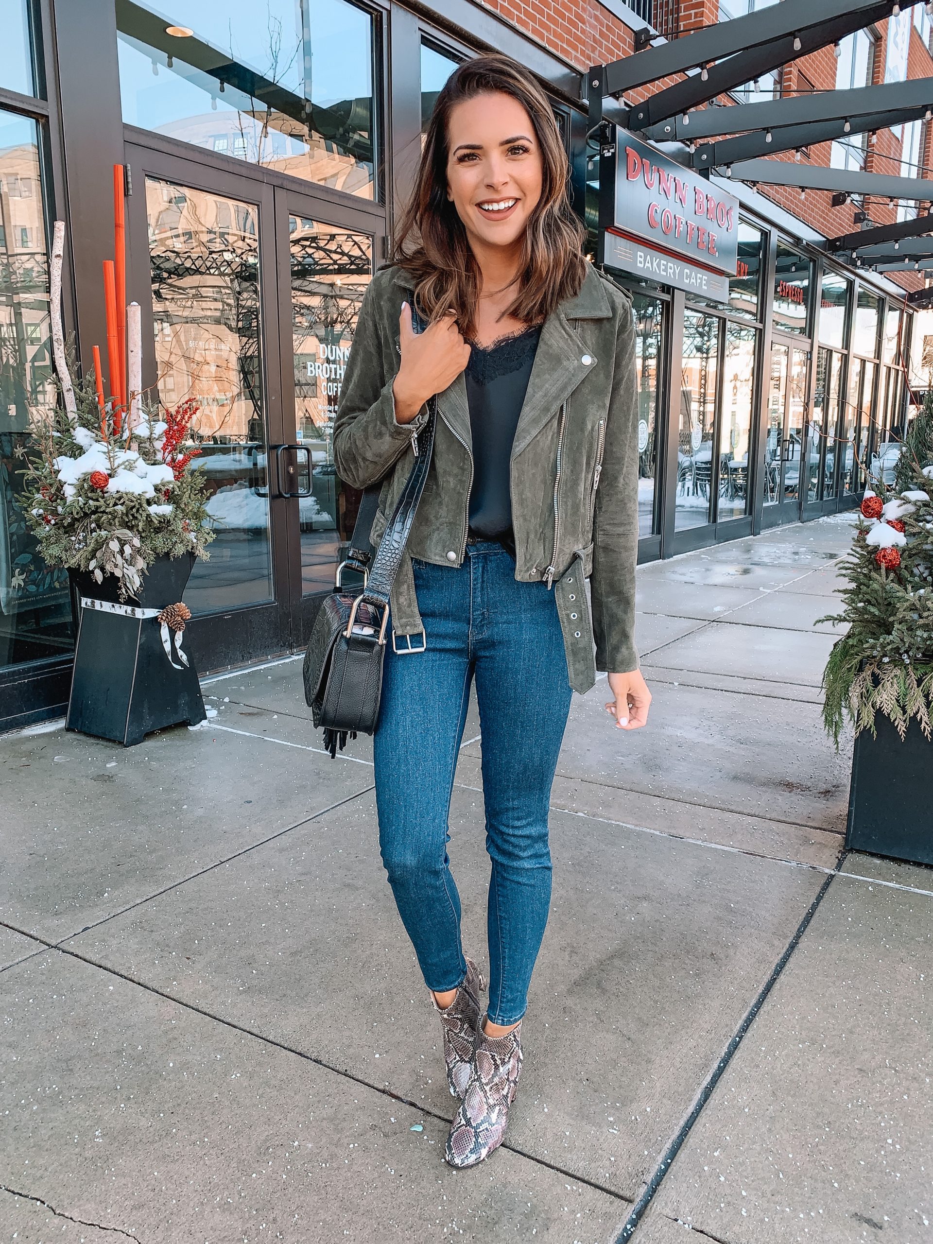 Vince Camuto stylish booties, winter outfit, sanstan snakeskin boots, croc tal flap bag