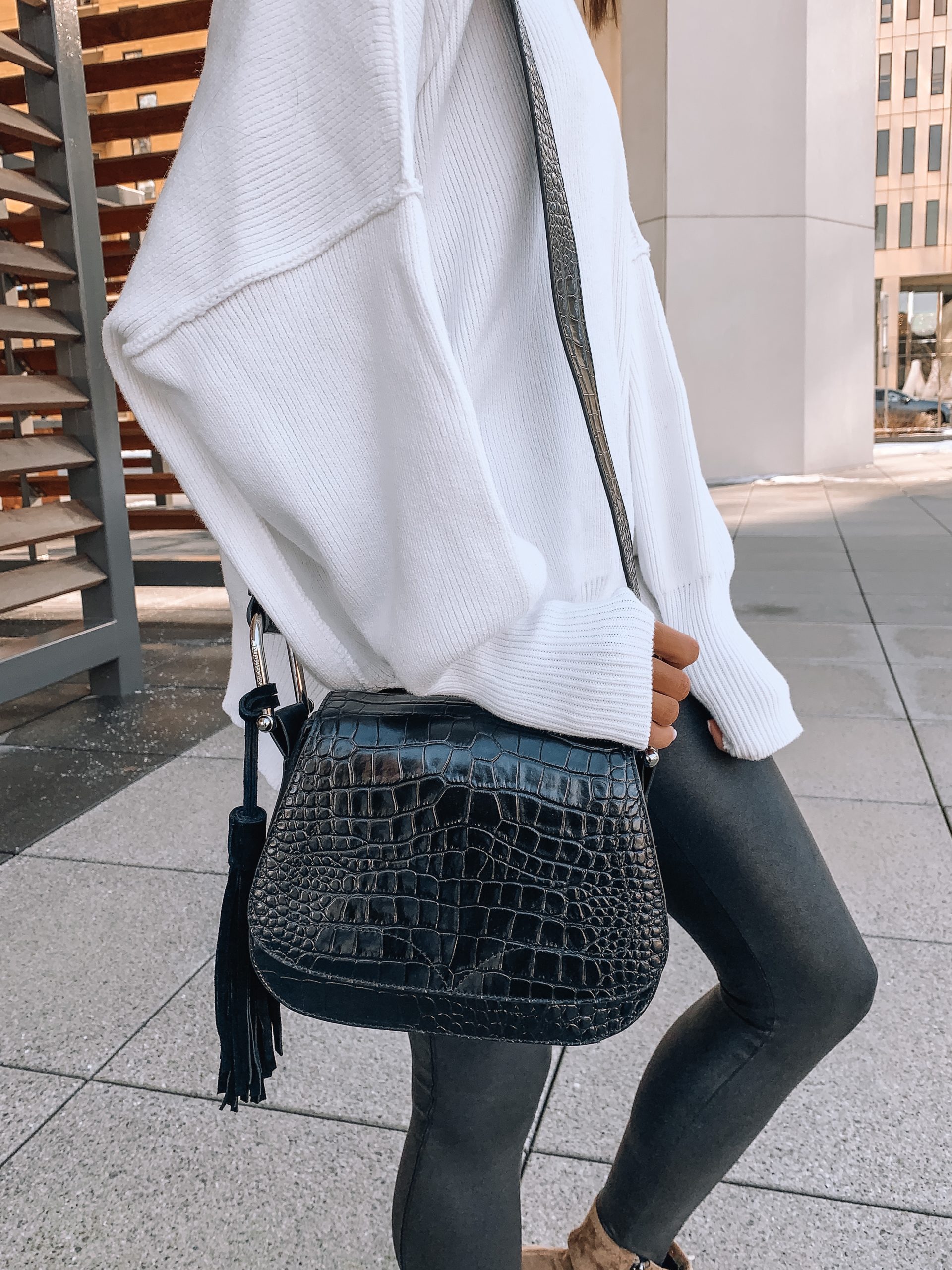 Vince Camuto stylish booties, winter outfit, kelcha boot, croc tal flap bag