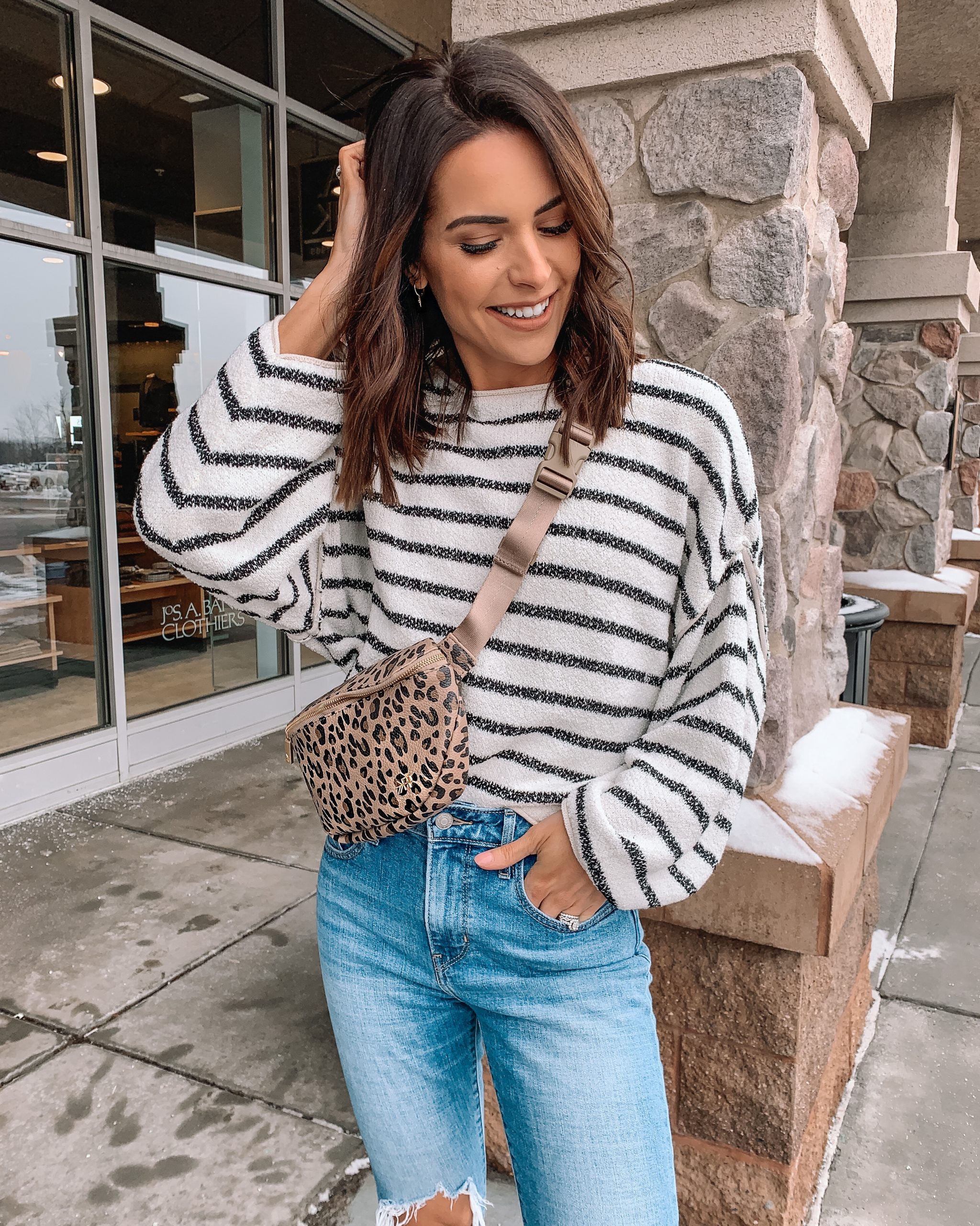 my New Years resolutions, freshly picked leopard belt bag, fanny pack style, free people Bardot sweater, Minneapolis blogger
