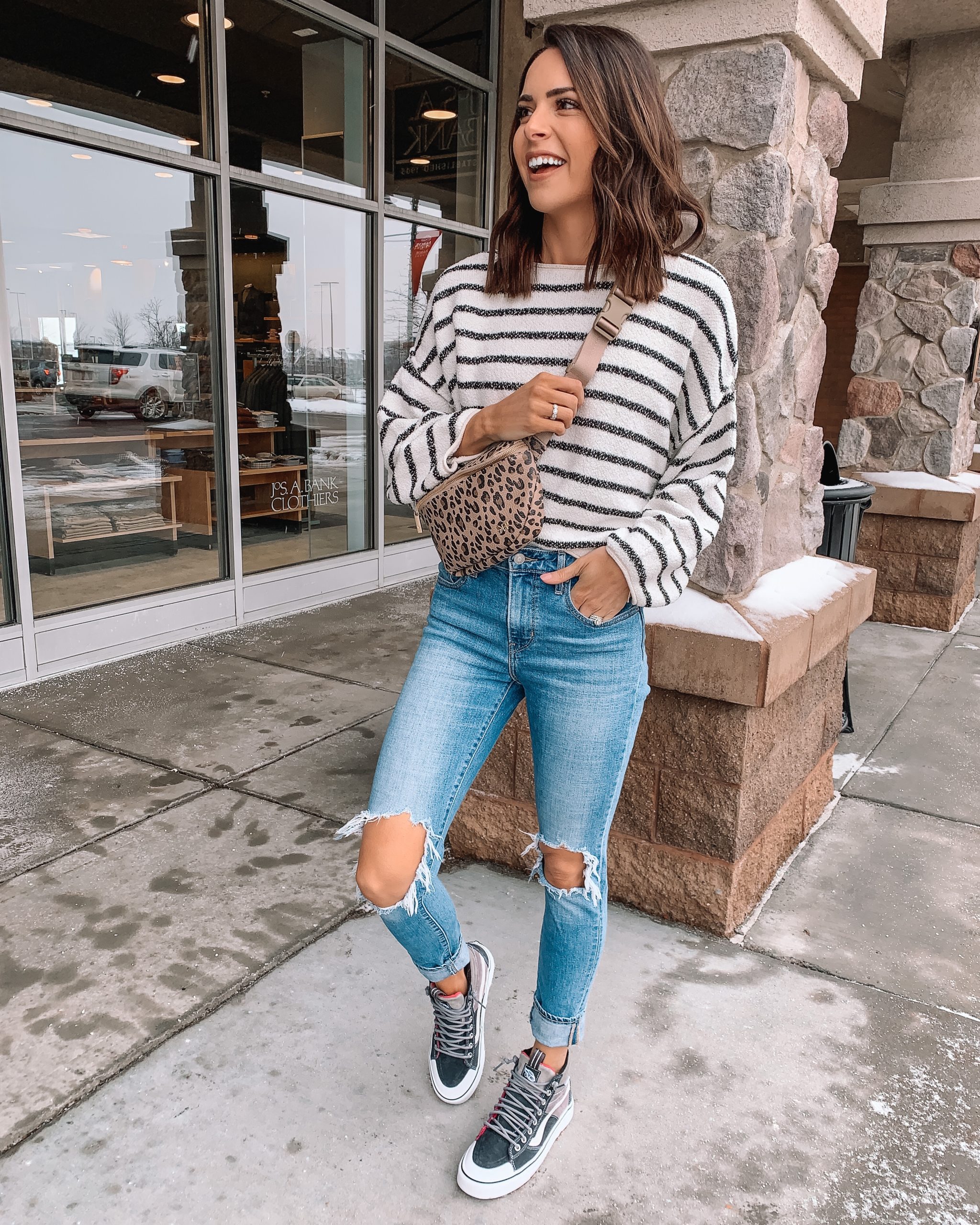 my New Years resolutions, freshly picked leopard belt bag, fanny pack style, free people Bardot sweater, Minneapolis blogger