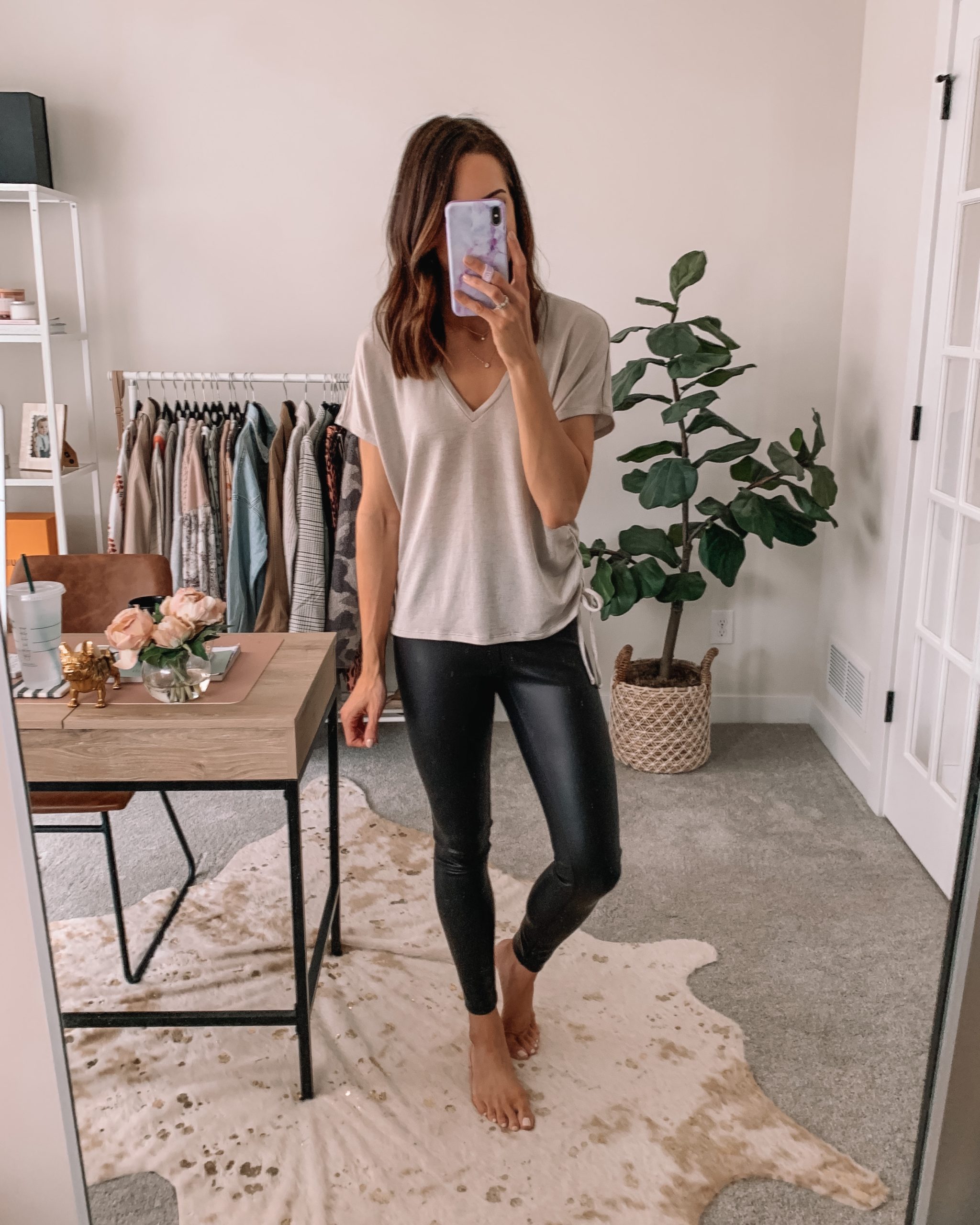 cute wfh looks, work from home outfit, comfortable, express, faux leather leggings outfit