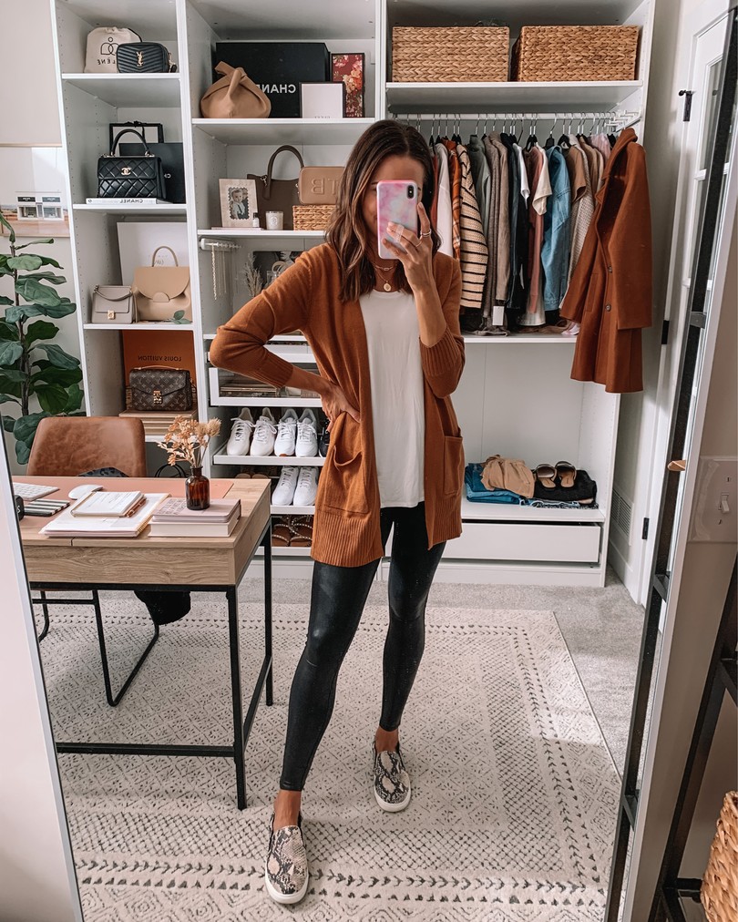 old navy haul 2020, fall old navy finds, camel cardigan, faux leather leggings outfit