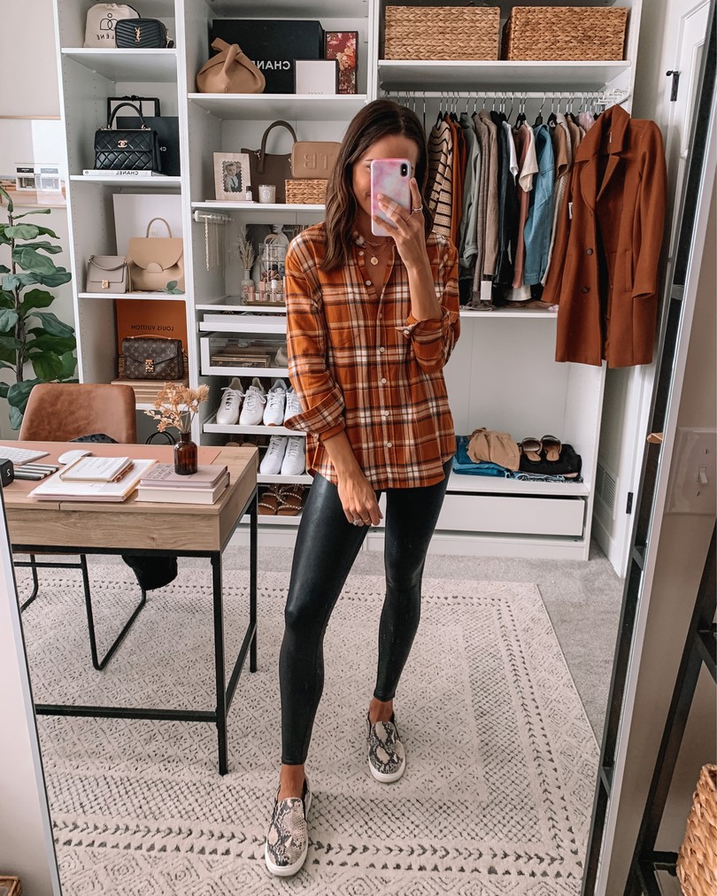 old navy haul 2020, fall old navy finds, faux leather leggings outfit, plaid flannel outfits