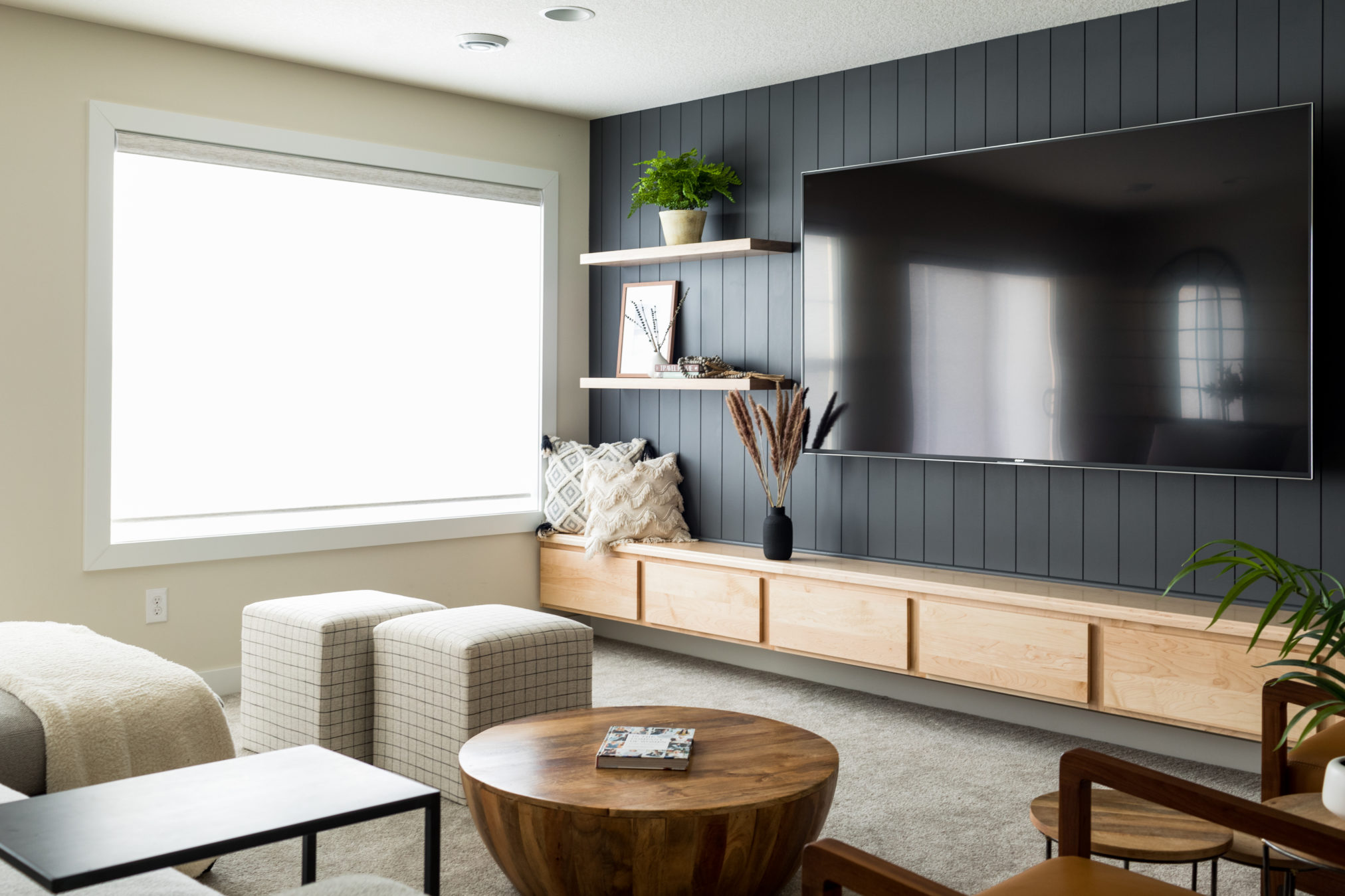 media center, diy shiplap media center, floating shelves, basement media center