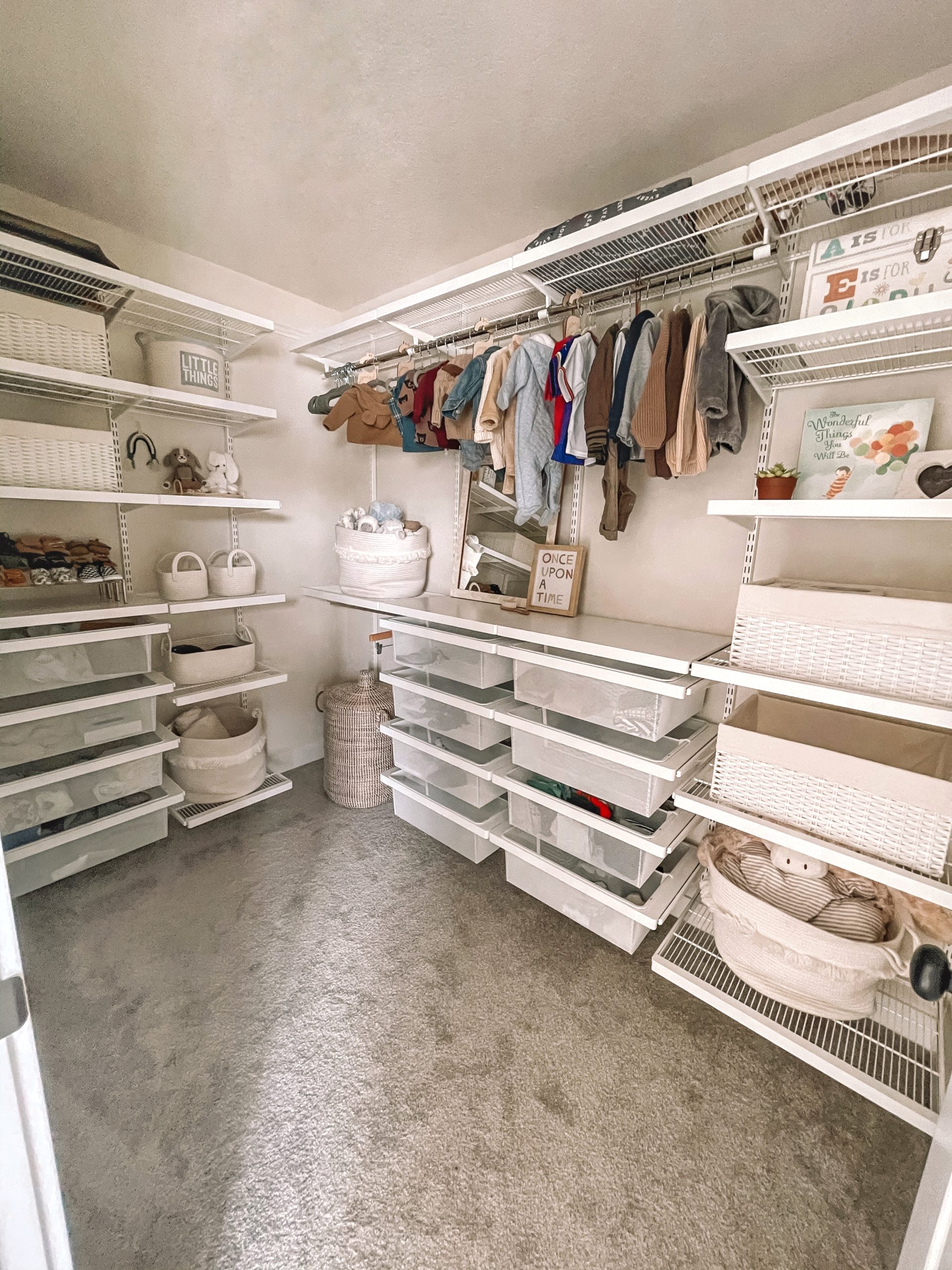 nursery elfa closet system, nursery closet, nursery closet organization, the container store closet, the container store nursery closets