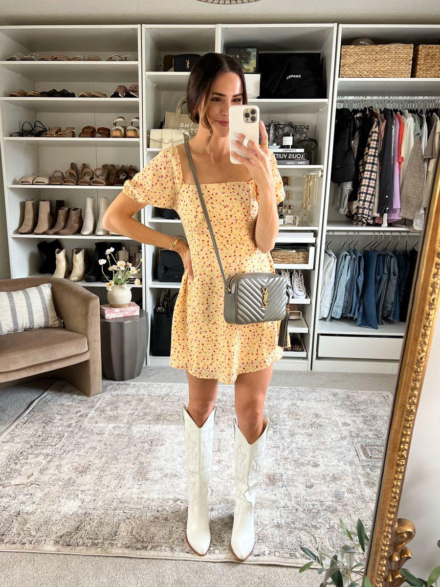 floral amazon dress, white western boots outfit, easter outfit, spring outfit 2022, spring outfits