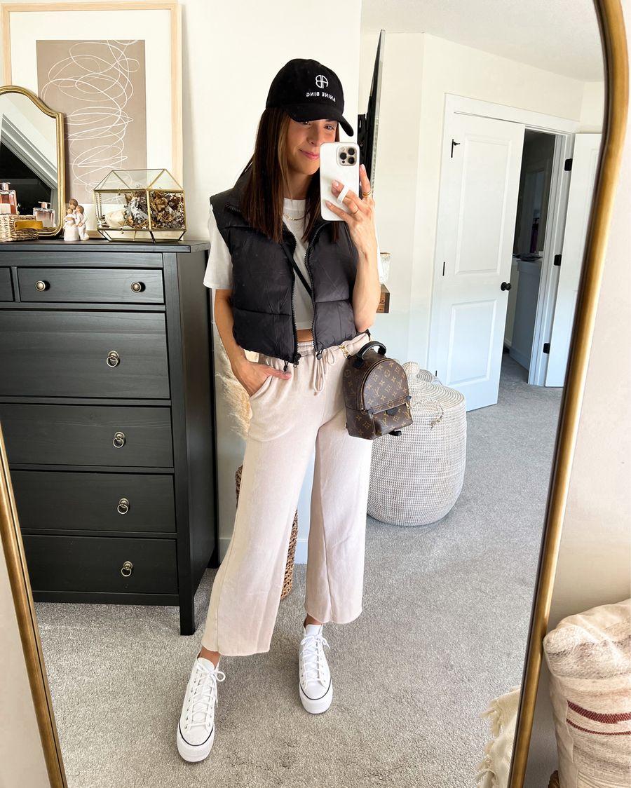 spring outfit 2022, spring outfits, cropped puffer vest, wide leg sweatpants