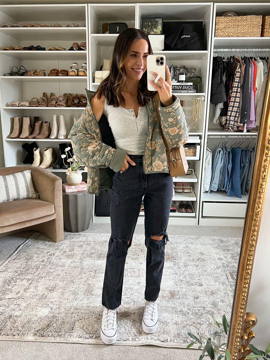 floral quilted jacket, platform converse white
