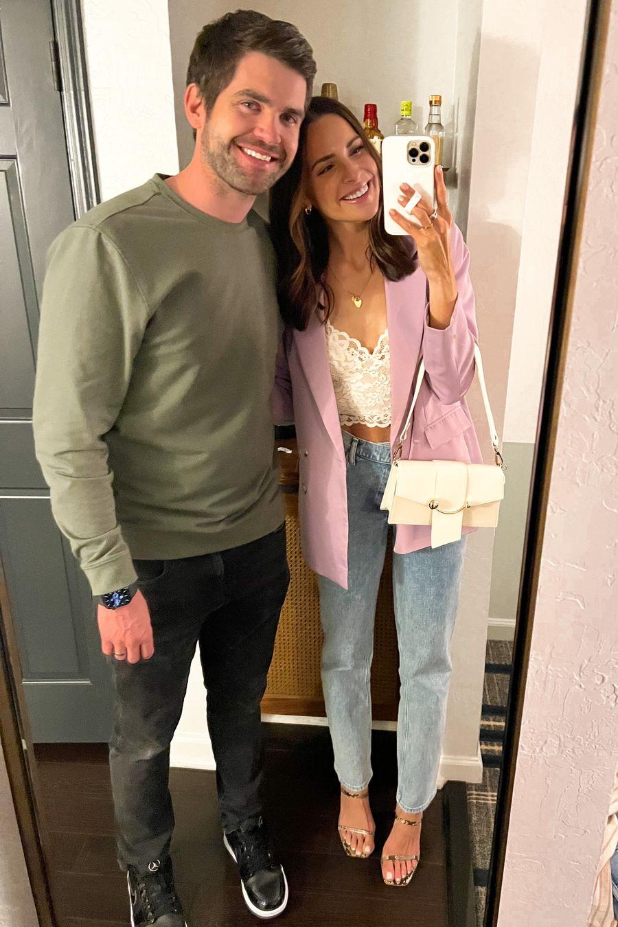 spring outfit 2022, spring outfits, purple blazer, lilac blazer outfit, strathberry bag